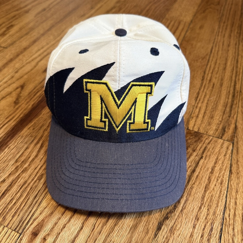 Vintage Michigan Wolverines Snapback Hat White Blue Shark Tooth Logo 7 90s